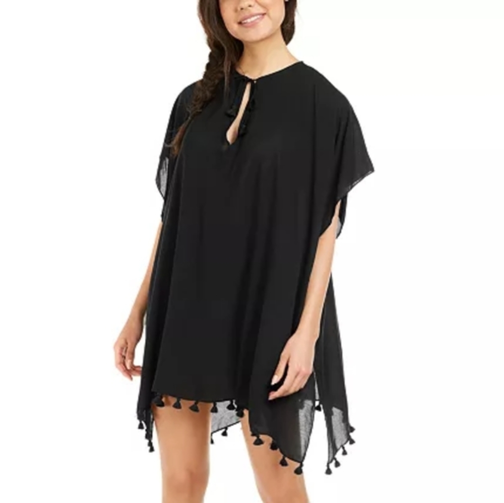 DKNY Chiffon Pom-Pom Caftan Swim Cover-Up Black L/XL